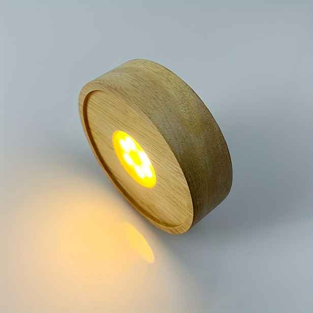 TEMU 10cm kulatá dřevěná LED základna pro světelný displej - napájení na baterie, ideální pro křišťálové skleněné pryskyřicové umělecké ozdoby