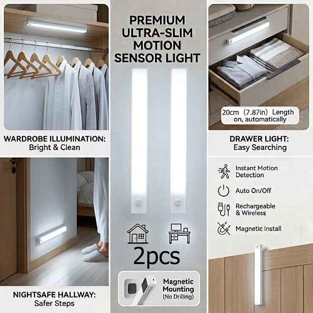 TEMU 2-balení LED světelných pásků s pohybovým senzorem - USB dobíjecí magnetické noční světla do kuchyně, skříně, chodby, schodiště a dekorace