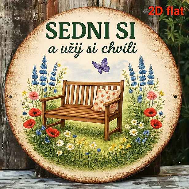TEMU 2D plochá - 1 ks 8 x 8 palců/20 x 20 cm 2D plochá kulatá cedule, vintage plaketa s nápisem "Sejdi a uživ si moment", "Motýlí květiny na zahradní
