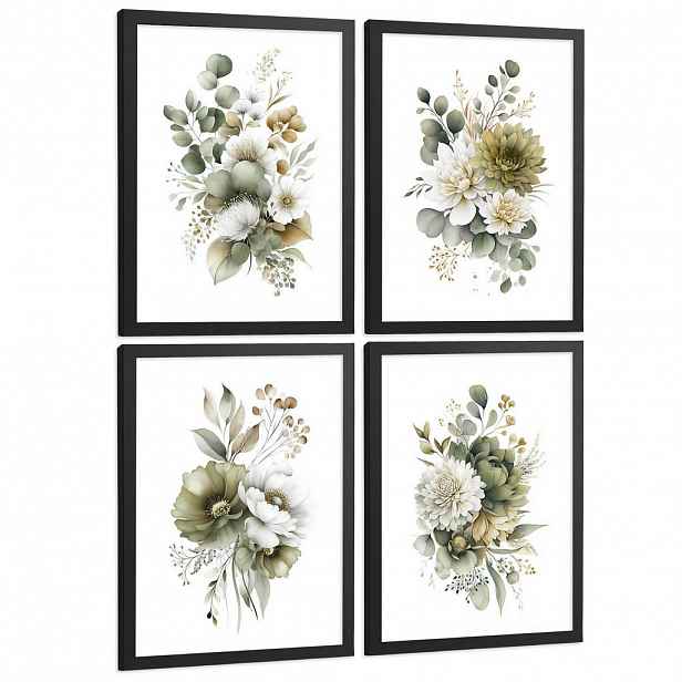 Nacnic PLAKAT Sada 4 boho botanických uměleckých tisků. Akvarelové květinové nástěnné umění. Velikost Černý rám A4