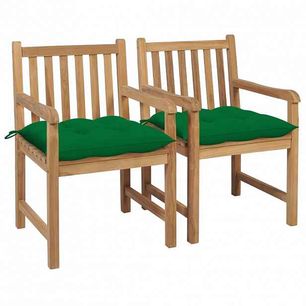 vidaXL Zahradní židle 2 ks zelené podušky masivní teak