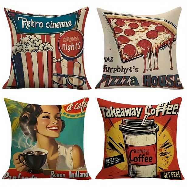 TEMU 4ks Sada Retro Polštářových Povlaků s Americkým – Vintage Kino, Pizzerie, Kavárna, Jednostranný Tisk, Zipový Uzávěr, Tři Velikosti, Vhodné na