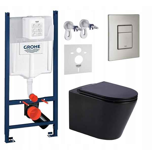 Wc sada Rám Grohe Rapid s mísou Jess černá Tlačítko nerezová ocel matná