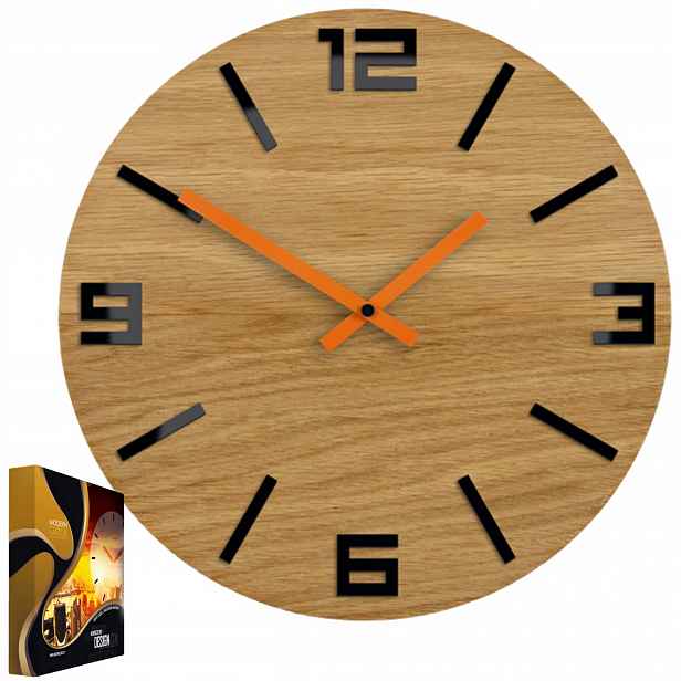 Akrylové nástěnné hodiny Dubové dřevěné Arabic Wood Black&Orange Kulatý