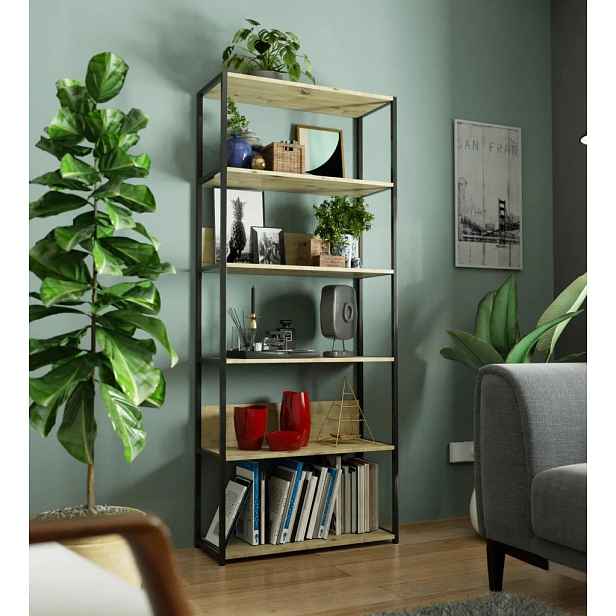 Kovový policový regál 80 cm DERIVAL - černý / dub artisan
