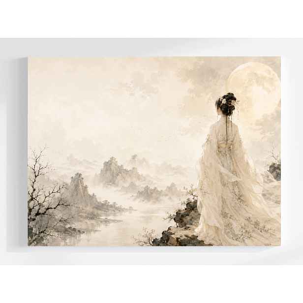 Obraz Na Plátně Canvas Tusz Hory Noc Měsíc Žena Hanfu Japandi 80x60