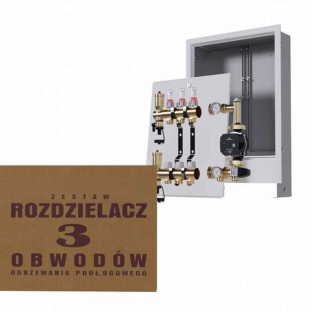 Rozdělovač pro podlahovku 3 okruhy s skupinou Grundfos podomítková skříňka