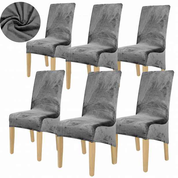6 Ks Potah Na Židli XL Šedý Velur Elastický Šikmý Univerzální