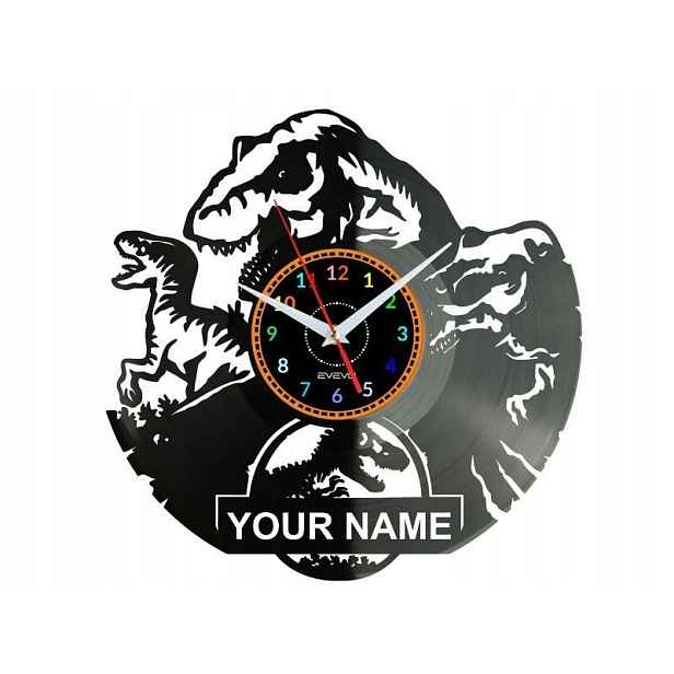 Dinosaurus Dinosauři Vaše jméno Nástěnné hodiny Vinylová deska Moderní dekor