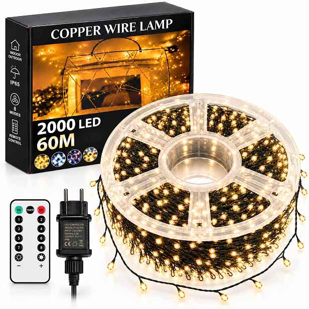 Led lampy micro Led 2000 Led 60 m, teplé bílé, dálkové ovládání