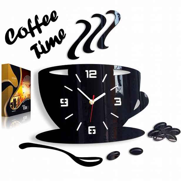 Nástěnné hodiny ve tvaru šálku Coffe Time 3D Black Kulatý Křemenné