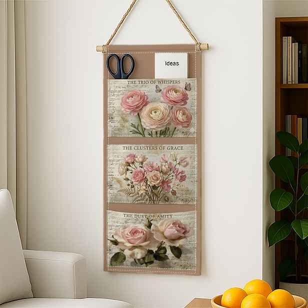 TEMU 1 ks Vintage Romantická Květinová Nástěnná Úložná Taška Akvarelová Růže Botanická Pastelová Měkká Třívrstvá Závěsná, Skládací Ložnici, Spízní,