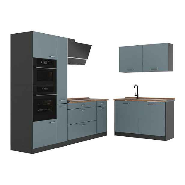 Vicco ROHOVÁ KUCHYŇ R-Line, Modrošedá/Antracit, 230 x 120 cm pracovná doska Dub Goldkraft