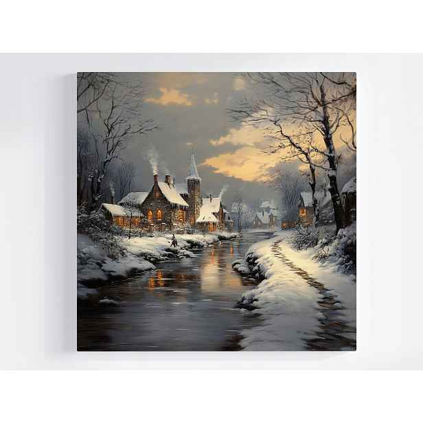 Obraz Na Plátně Canvas Krajina Město Řeka Domy Zima Sníh Mráz 50x50