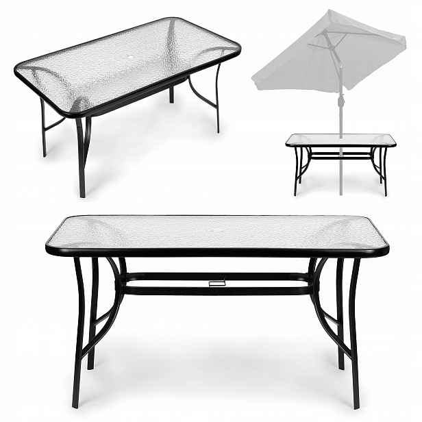 Zahradní stůl 160x90 cm tvrzené sklo velká deska na terasu zahradu otvor na