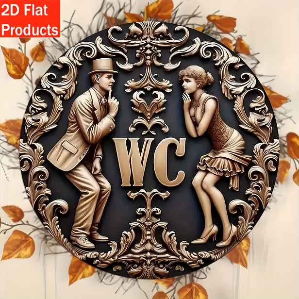 TEMU 2D plochá dekorativní plaketa a ozdoba, 1 ks vintage dřevěná nástěnná cedule - symbol toalety pro muže a ženy "WC", vhodná pro použití v