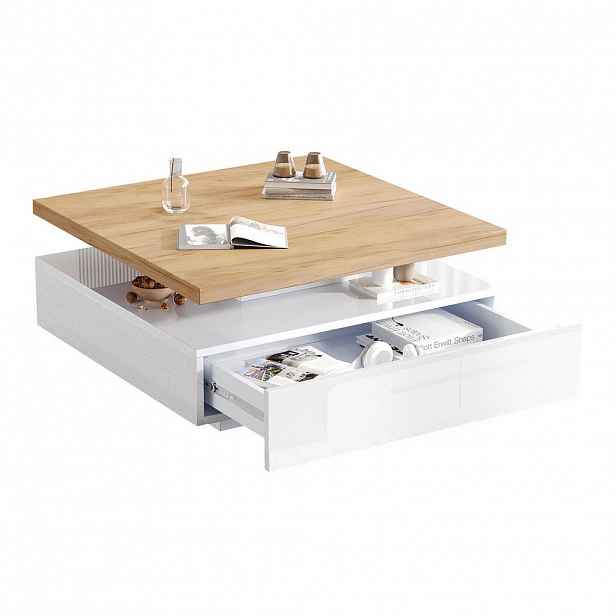 Redom KONFERENČNÍ stolek 70/70/36 cm s 360° otočnou deskou a zásuvkou, vysoký lesk, Ořechová/Bílá
