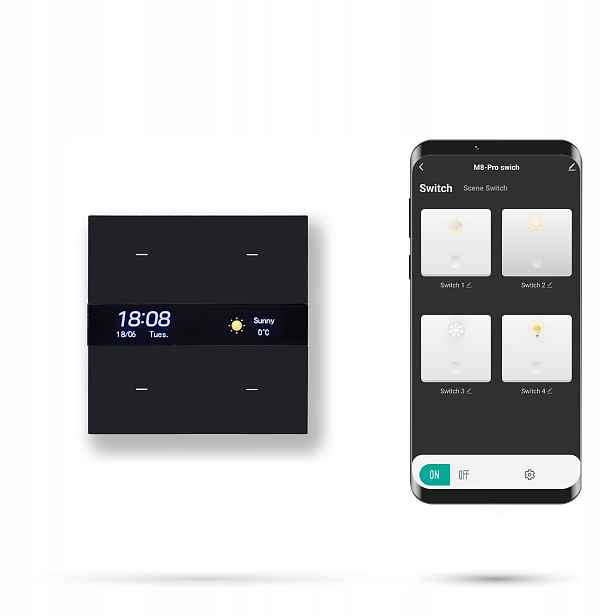 Nástěnný tlačítkový panel Zigbee Tuya 4-kanálový, černý s displejem