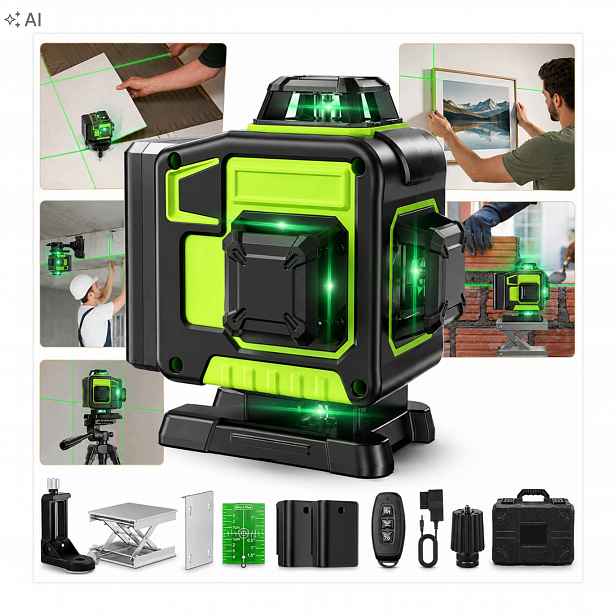 Křížový laser 4D 16 linií 360 Vodováha Zelená 2 Akumulátory Stativ