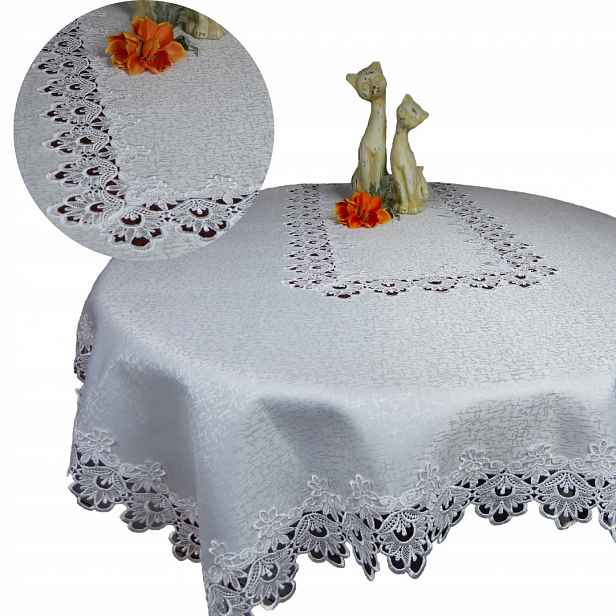 Bílý Plamovzdorný ubrus s gipiurou 130x180 Glb