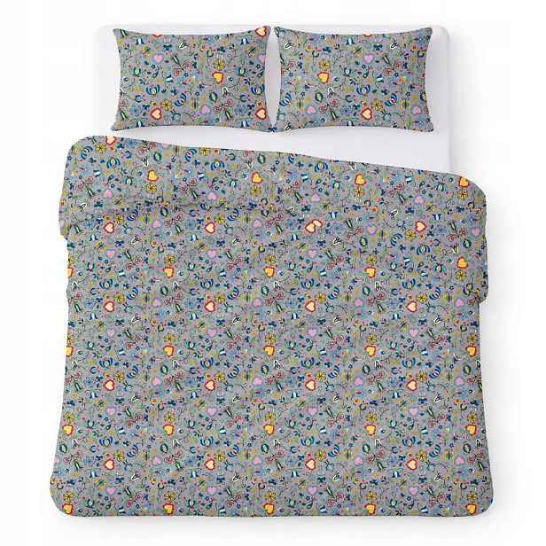 Povlečení bavlněné 200x220 šedé s barevnými folkovými vzory Cotton Home