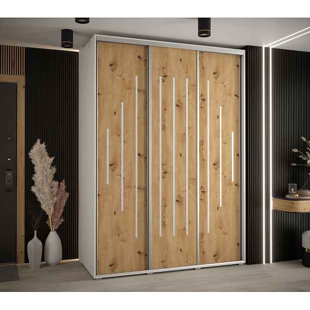 Šatní skříň ASIRI 12 - 170/60 cm, bílá / dub artisan / stříbrná