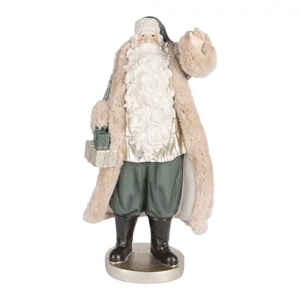Béžovo-zelená dekorace Santa v kožichu a dárky - 20*15*42 cm Clayre & Eef