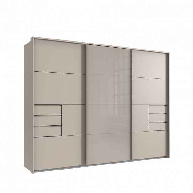 luma-home SKŘÍŇ S VZPŘÍMENÝMI DVEŘMI, 273 × 64 × 213 cm (Š×H×V), 3dveřová, pasparta, zásuvky, béžově šedá/sklo / 22622