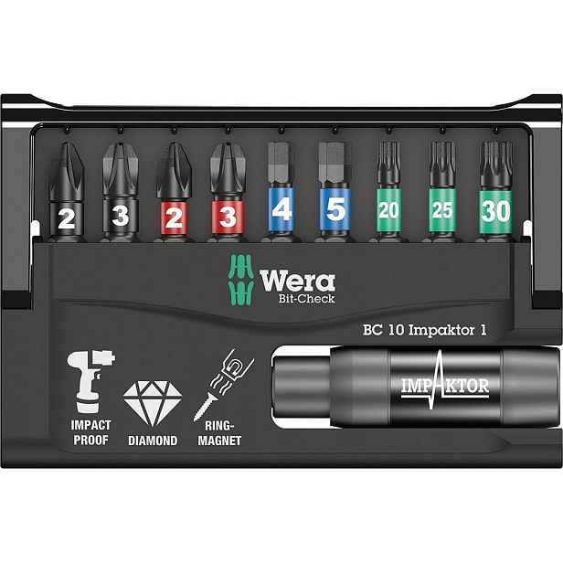 Sada bitů, hrotů Ph, Pz, Torx, Hex Bit-Check 10 Impaktor 1 Wera