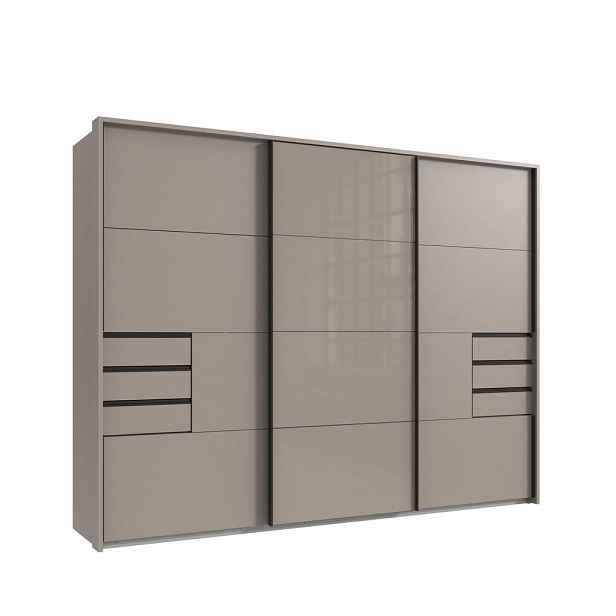 luma-home SKŘÍŇ S VZDUŠNÝMI DVEŘMI, 273 × 64 × 213 cm (Š×H×V), 3dveřová, pasparta, zásuvky, pískově šedá/šedé sklo / 22620