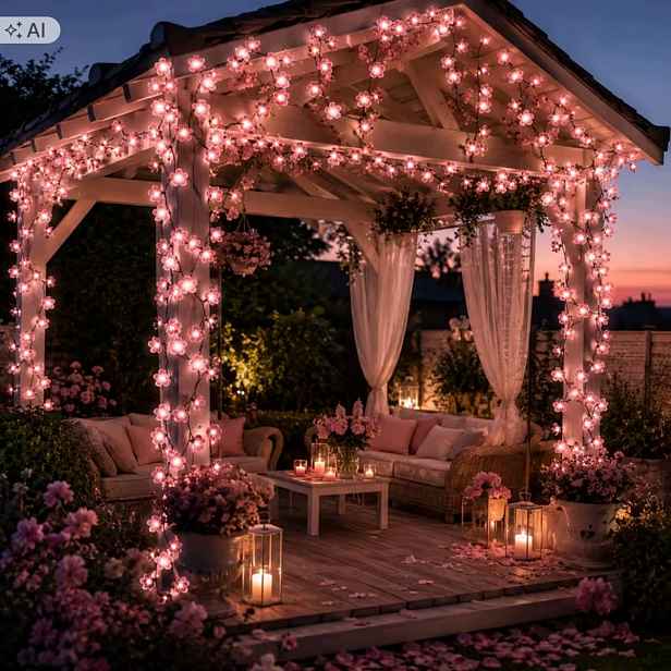 Girlanda Lampa zahrada růžová Višňový květ Solární Sakura Patio Balkon 12 m