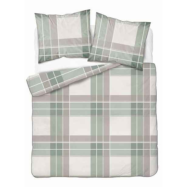 Povlečení z perkálu Lamé Percale 220x200 béžová zelená kostkovaná ozdobná lemovka