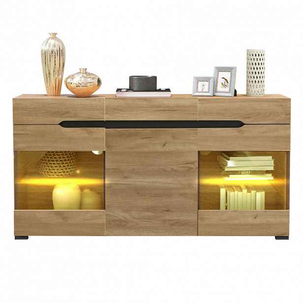 OKWISH BOČNÍ skříň 140/35/80 cm dubová z dřevotřísky s LED osvětlením a úložnými přihrádkami