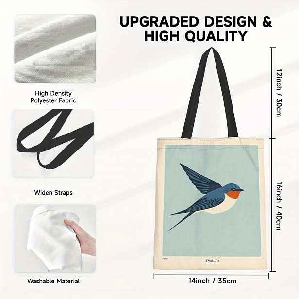 TEMU 1 kus Vintage design létajícího ptáka, dvoubarevná plátnová taška pro ženy - opakovaně použitelná nákupní taška, ideální pro cestování a