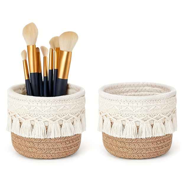 TEMU 2 ks Malý organizér na parfémy a make-up, držák na štětce, makramé košík z tkaného provazu, boho dekorativní košíky na kosmetiku, boho košíky na