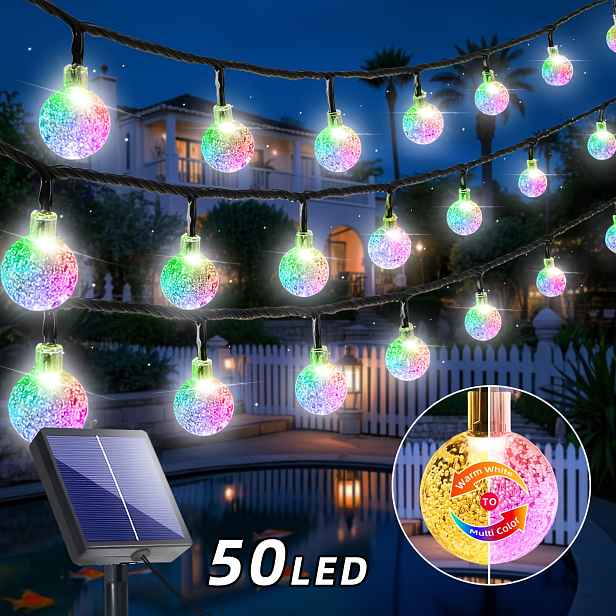 TEMU Solární RGB pohádková řetězová světla 100/50/20, přepínatelná mezi teplou bílou a barevnými režimy, 11 světelných efektů, solární napájení. Tato