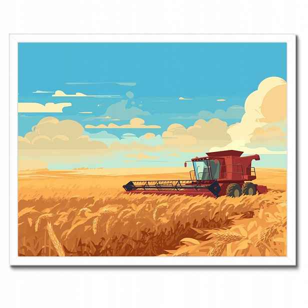 Plakáty v rámu 50x40 Červený kombajn v poli na sklizni