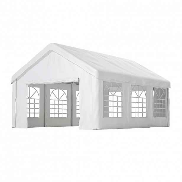 Modfu STANOVÁ garáž z oceli a PE 601x400x281 cm bílá s předními a zadními rolovacími vraty a větracími okny