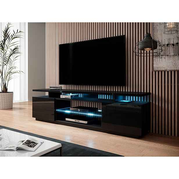 TV stolek s LED bílým osvětlením SALTA - černý / lesklý černý