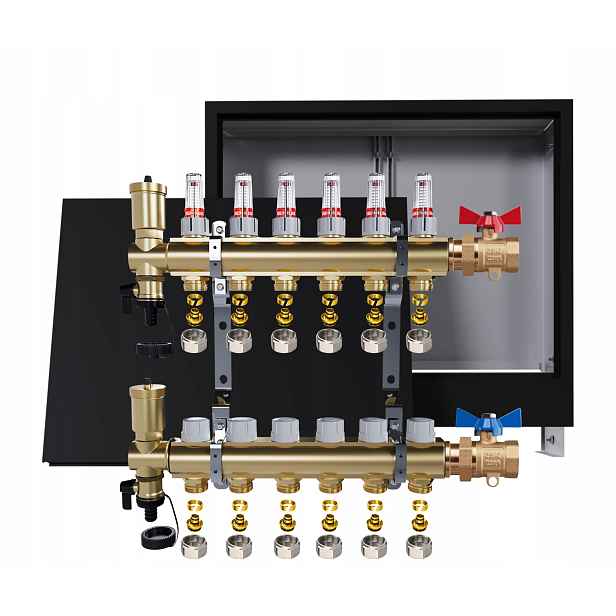 Rozdělovač podlahových krytin mosazný 6 okruhů Podomítkový černý Ventily Pex