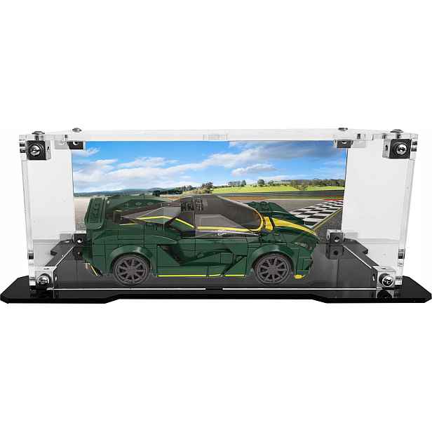 Vitrína s černou základnou a pozadím pro stavebnici Lego 76907 Lotus Evija