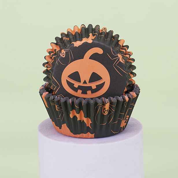 TEMU 50 ks Halloweenských košíčků na košíčkové muffiny, vzory dýně, netopýra, pavučiny a cukroví, pro Halloweenskou párty, pečení dortů a dekorace