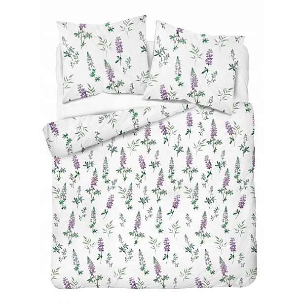 Povlečení flanelové 220x200 bílé, fialové květy lupiny