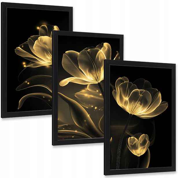 Obraz na zeď Zlaté květy listy do domu v rámu 3 kusy 30x20 cm