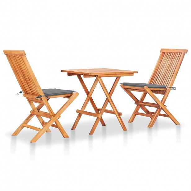 vidaXL 3dílný bistro set se šedými poduškami masivní teakové dřevo