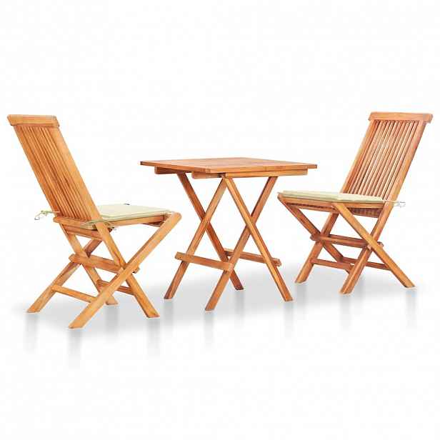 vidaXL 3dílný bistro set s krémovými poduškami masivní teakové dřevo
