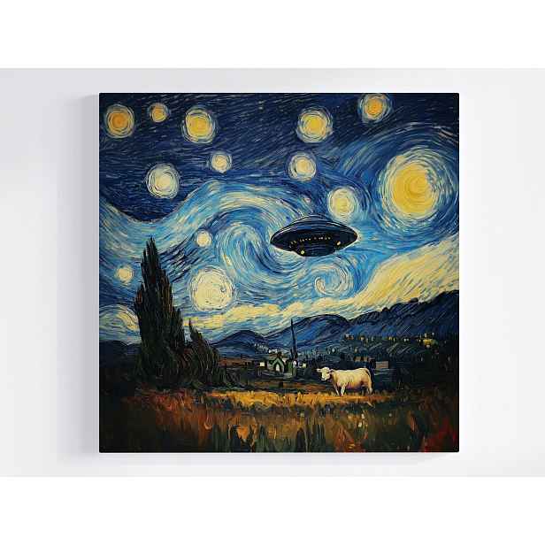Obraz Na Plátně Plátno Van Gogh Hvězdná Noc Ufo Cizinci Krava 50x50