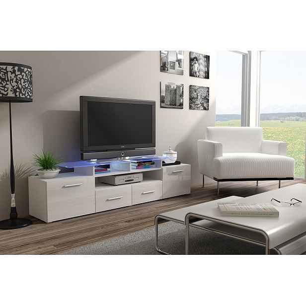 TV stolek s LED bílým osvětlením SOBRAL - bílý / lesklý bílý