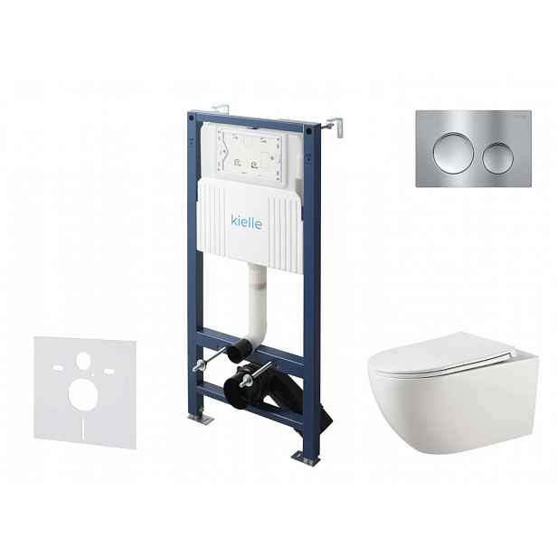kielle Genesis New - Set předstěnové instalace, klozetu Gaia, Rimless, sedátka softclose a tlačítka Gemini New I, lesklý chrom 30528SS11