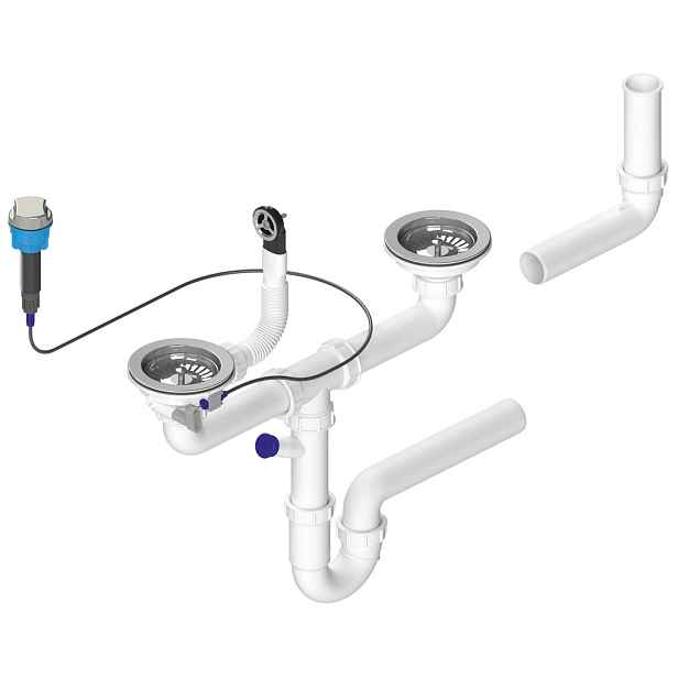 Bruckner Dřezový sifon s přepadem, ovládáním a odbočkou, 6/4", pro dvojdřez,  včetně pilety, DN40, bílá